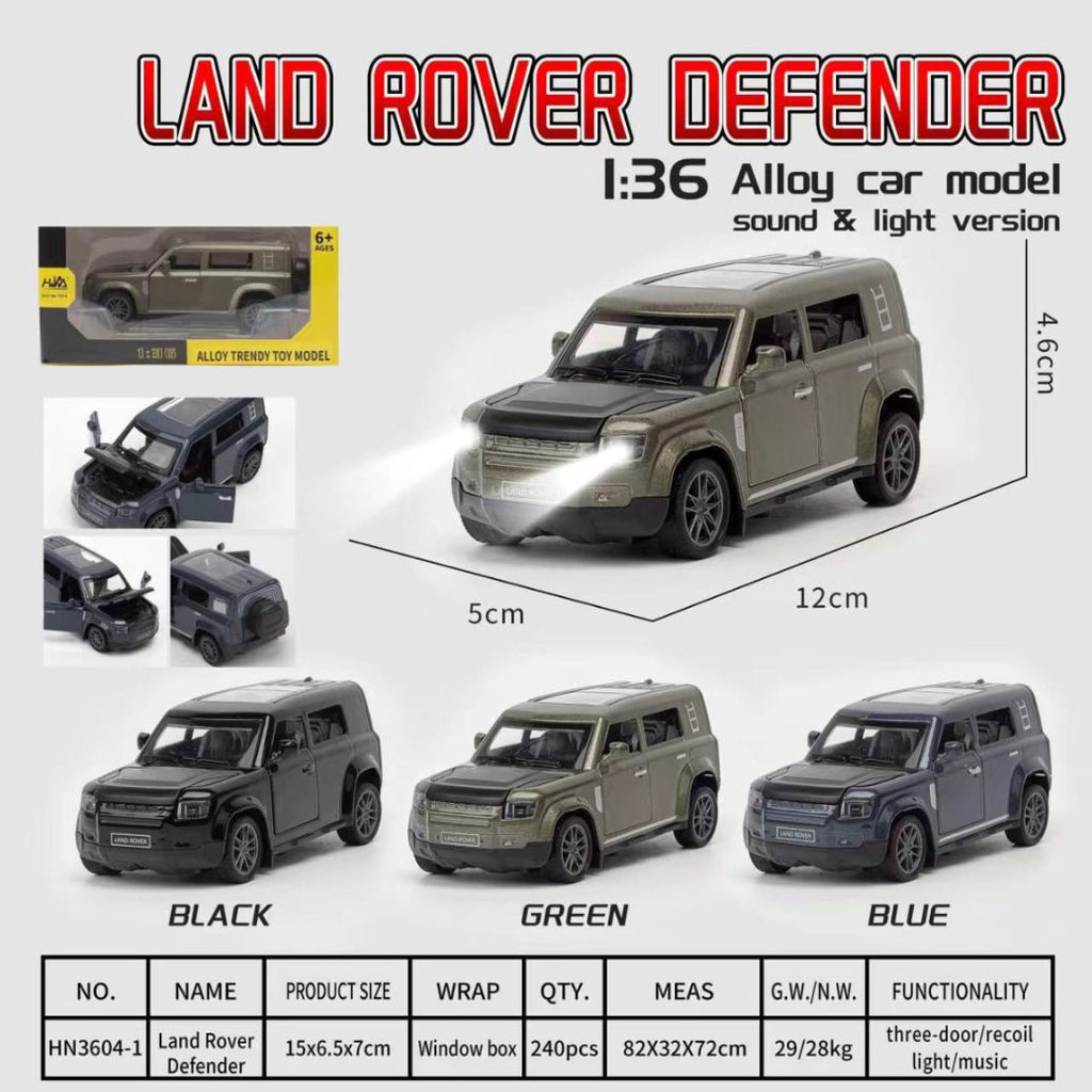 1:24 Scale  Land Rover Defender Model Car Exclusive Alloy Metal car Pull Back Die-cast Metal Toy car with Openable Doors & Light Music Best Gifts Toys Kids and Collections